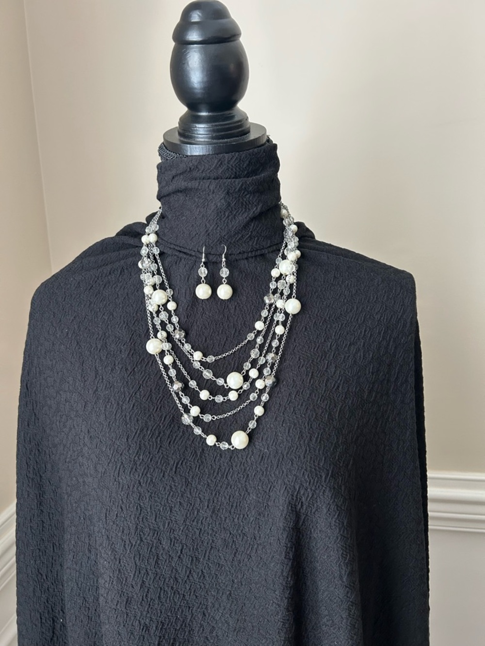 Multi-Strand Pearl and Crystal Necklace Set - White